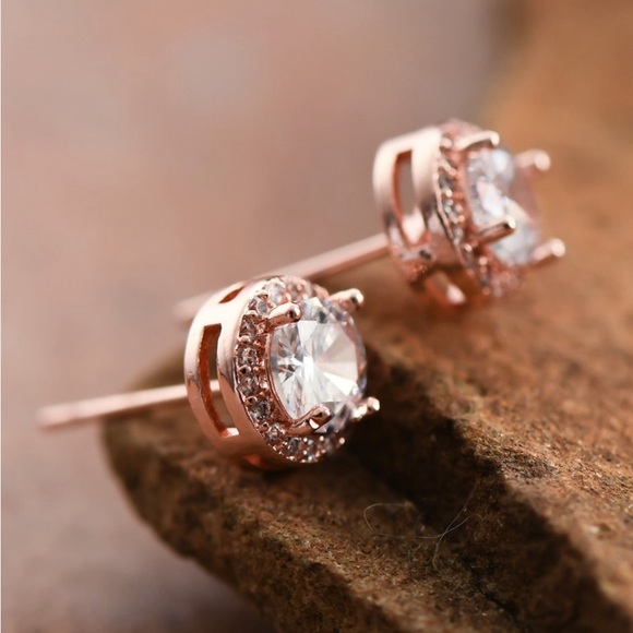 Clear Glass Crystal Dainty Rose Gold Plated Stud Earrings - Picture 2 of 7